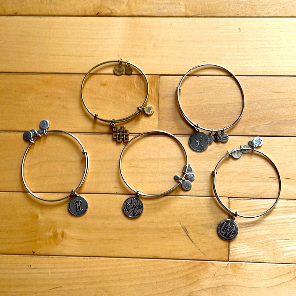 Alex and Ani Bracelets Set of 5 Silver and Brass L, H, Love, Sister, Shape